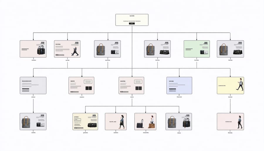 Hierarchical flowchart of e-commerce site structure showing categories, subcategories, and product pages