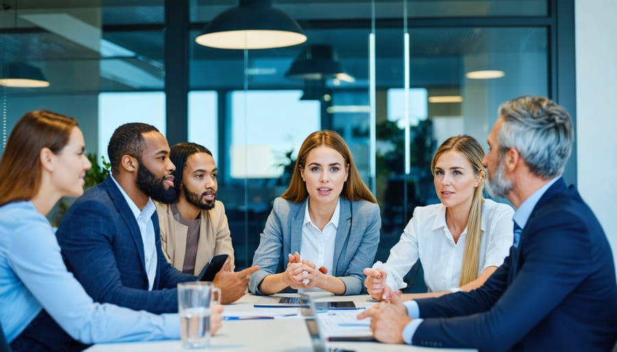 "Diverse group of business leaders having an animated discussion in a modern office setting."