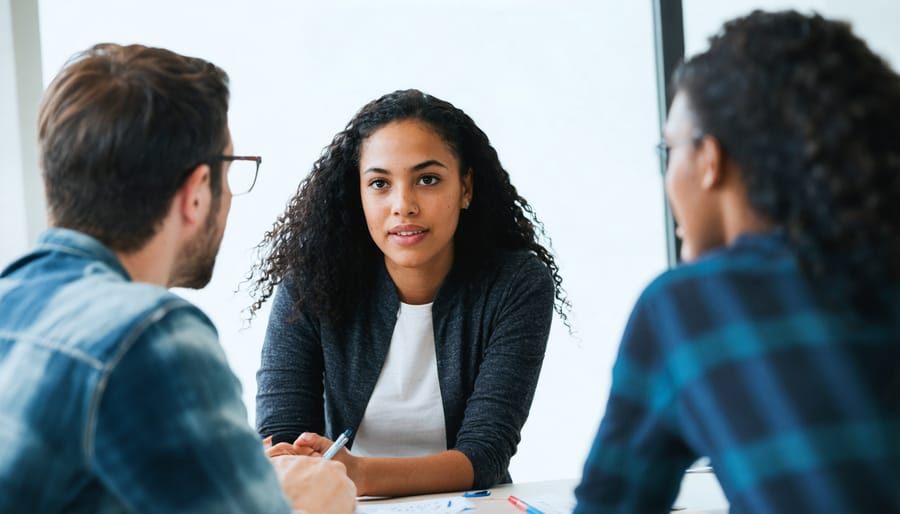 Diverse business team engaged in attentive conversation showing emotional intelligence in practice