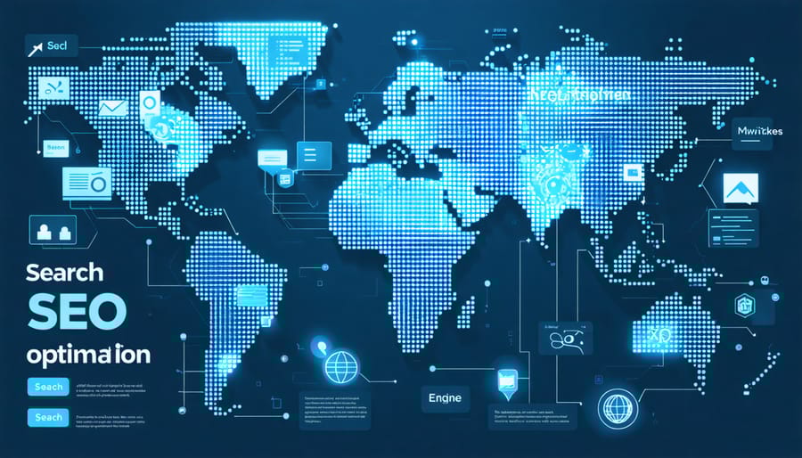 "Conceptual world map showcasing international SEO strategy with multilingual search bars and keywords indicating global market complexities."