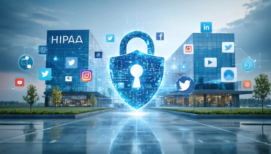 A conceptual depiction of healthcare compliance, with symbols of a hospital and social media icons separated by a digital lock, illustrating HIPAA's role in securing patient data on social platforms.
