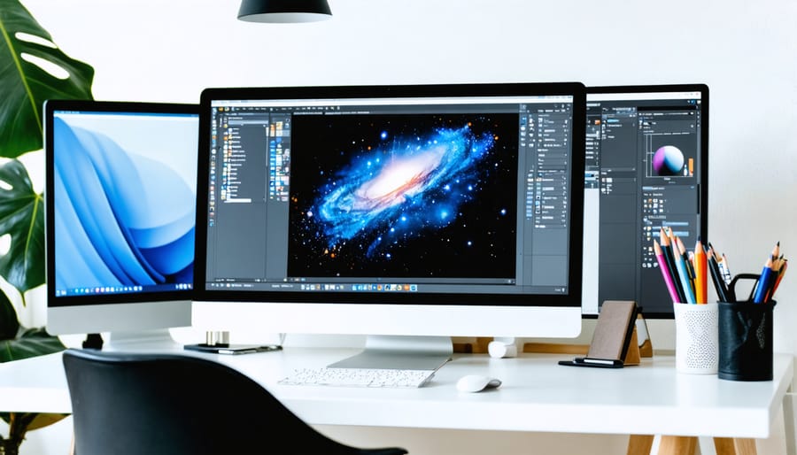 Professional desk setup with synchronized design tools across desktop and tablet