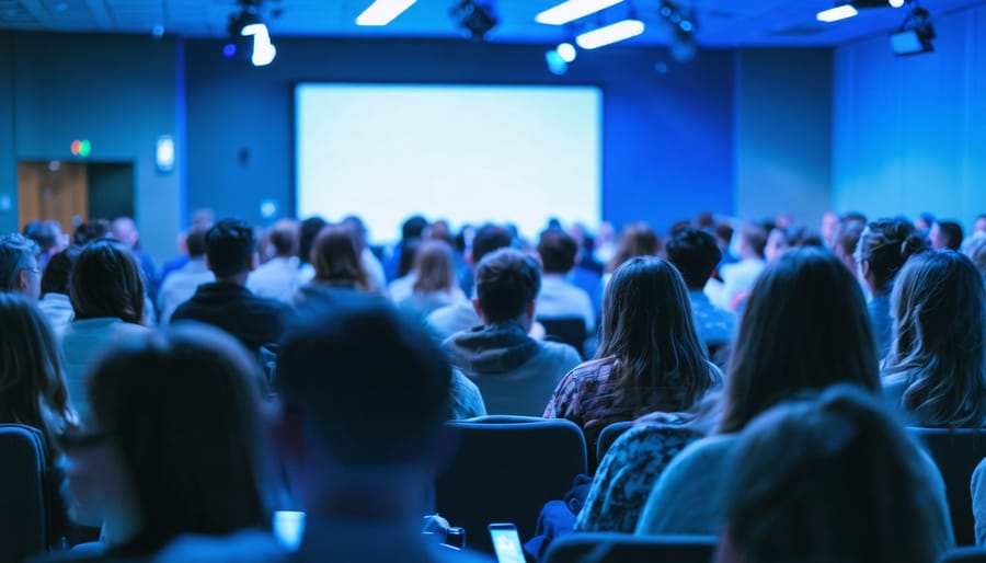 "Diverse audience members using smartphones to participate in live polling during an interactive marketing event."