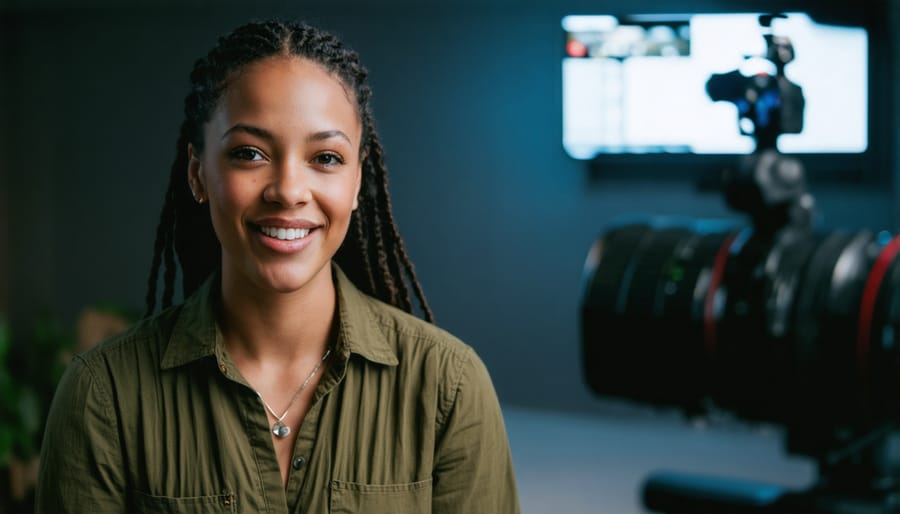 Customer enthusiastically sharing their success story in office setting