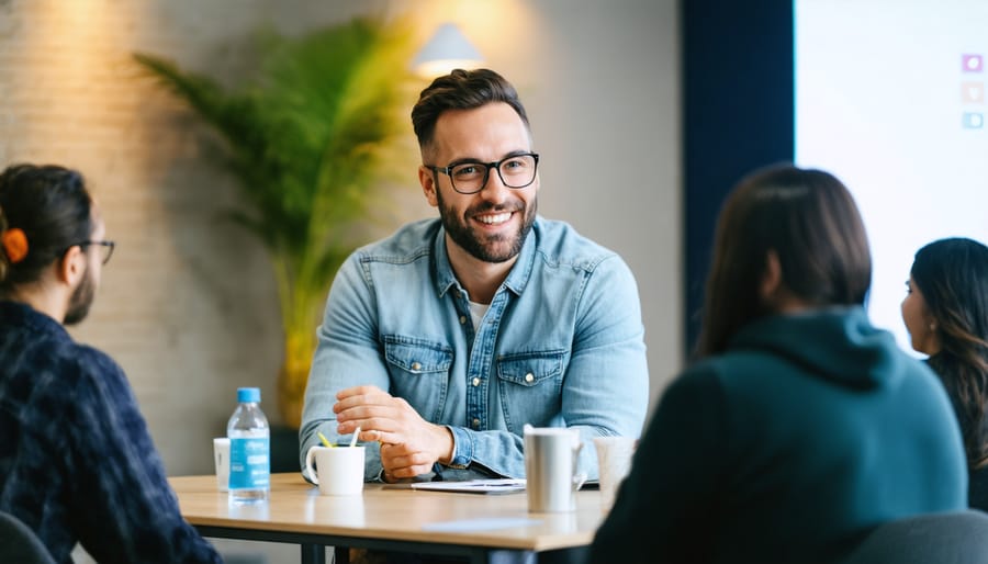 Presenter interacting with virtual audience in professional streaming studio