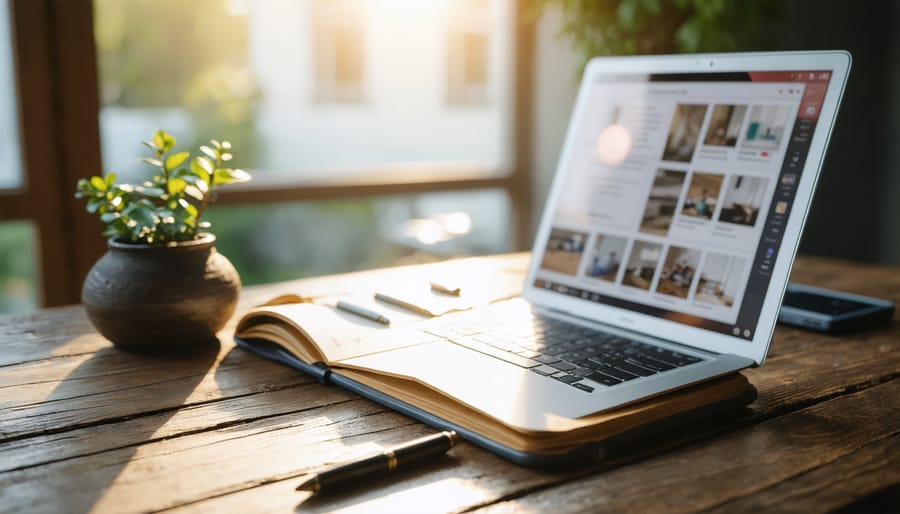 Business professional working at cluttered desk with multiple ad design materials