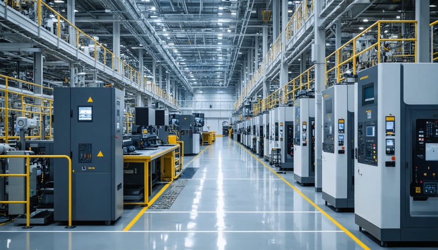 Modern automated manufacturing facility with robotic systems and workers