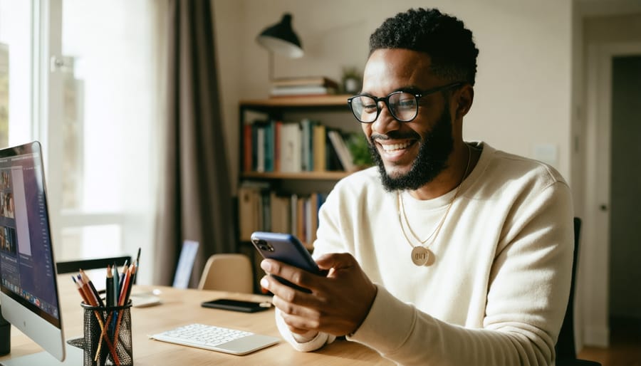 "A micro-influencer engaging with followers on a smartphone in a home office setting, with a focused expression and cozy background."