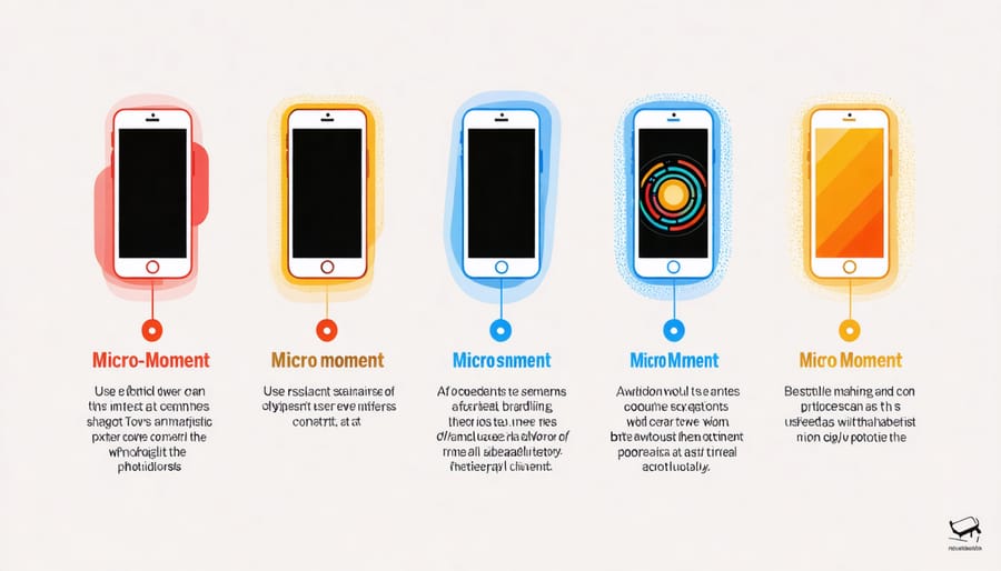 Mobile screens displaying various micro-moment scenarios and user interactions