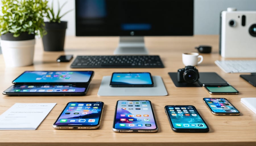 Person holding smartphone displaying modern website design in professional workspace