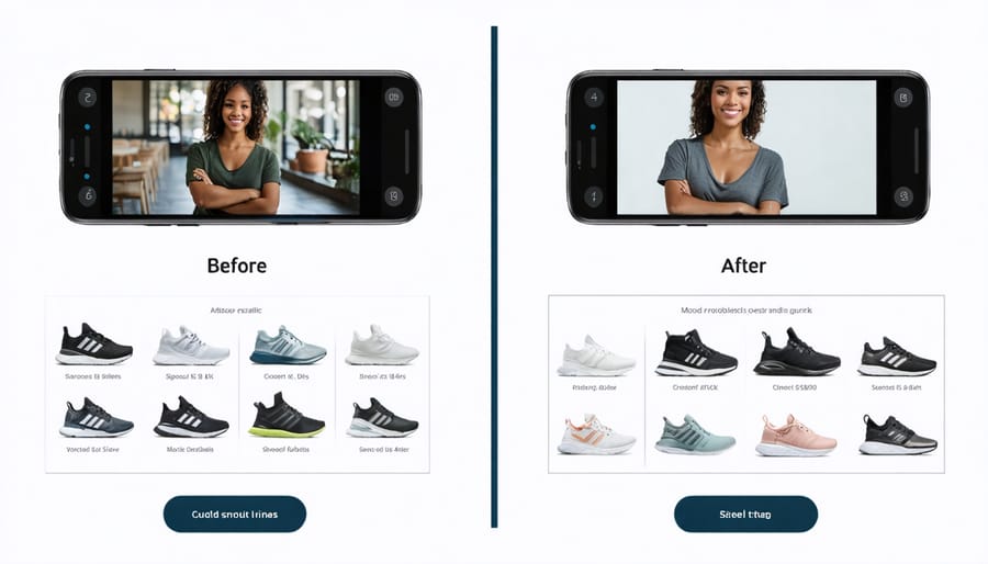 Split-screen comparison of mobile product pages showing optimization improvements