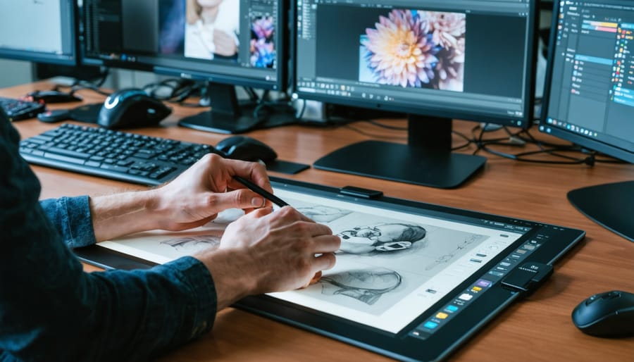 A professional graphic design workstation featuring multiple monitors running Adobe Creative Suite applications and a designer using a drawing tablet with a stylus, illustrating a tech-savvy and efficient design environment.