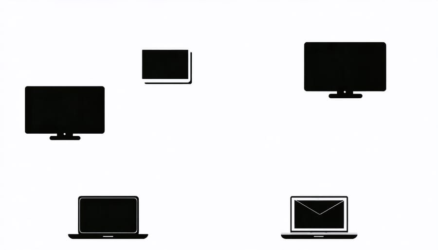 Artistic arrangement of multiple digital devices showing different screen sizes