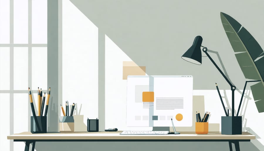 Organized desk workspace with keyboard, plant, and coffee cup