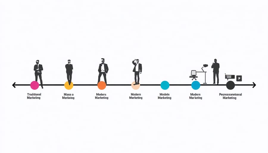 Evolution of marketing personalization timeline from mass marketing to AI-driven individual targeting