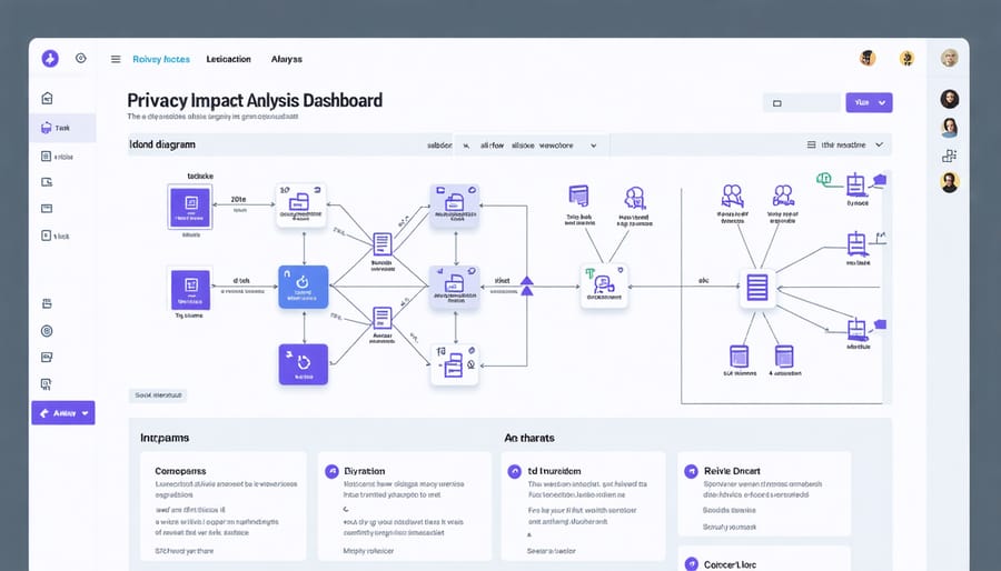 AI-powered privacy analysis dashboard with interactive data flow visualization and risk metrics