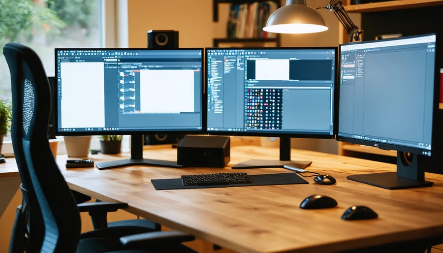 Modern graphic design workspace with Adobe Photoshop, Illustrator, and InDesign open on multiple screens