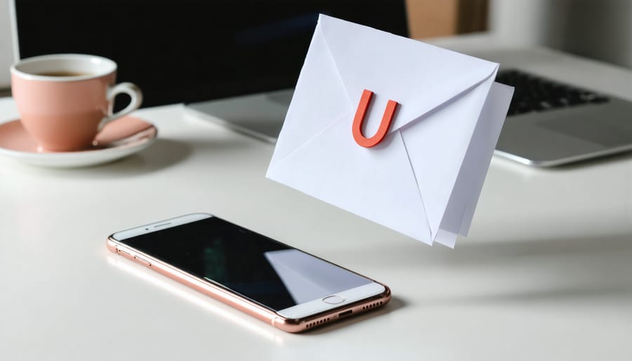 Red U-shaped magnet attracting white envelopes toward a smartphone on a clean desk, with a blurred laptop and coffee in the background under soft studio lighting.