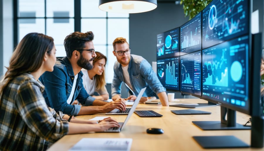 "A marketing team gathers in a modern office, reviewing real-time analytics on digital displays."
