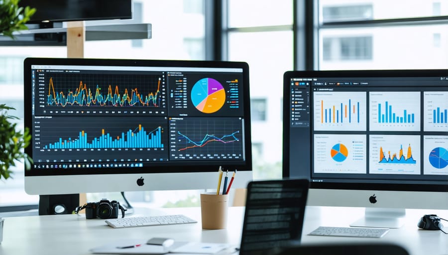 Business team working together in modern office with digital displays