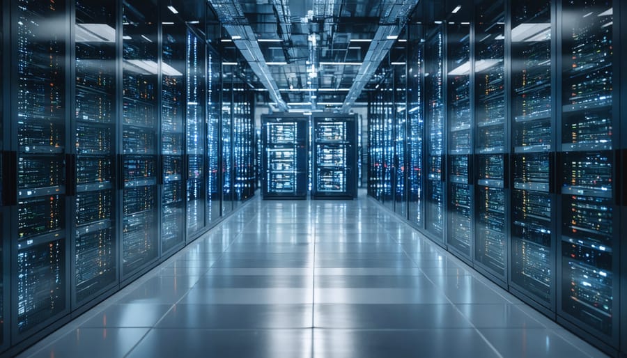 Secure data center with illuminated server racks in long corridor