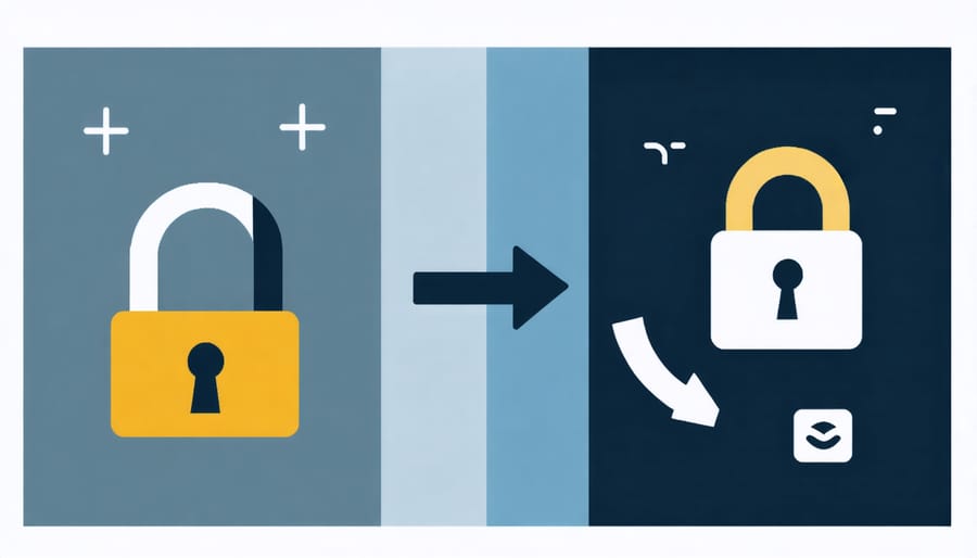 Physical security key device next to modern laptop on white surface