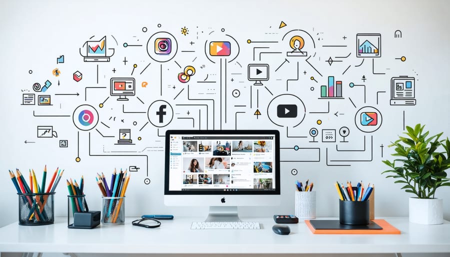 Conceptual image of a digital workstation with interconnected social media icons and analytics graphs, representing strategic cross-platform influencer marketing.