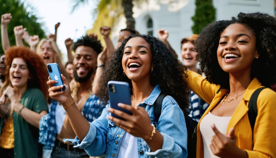 Group of diverse young people enthusiastically participating in social media challenge