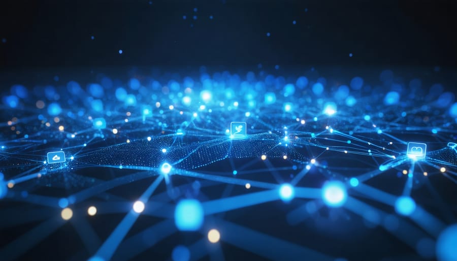 "Glowing interconnected network nodes representing social media algorithmic systems floating in dark space."