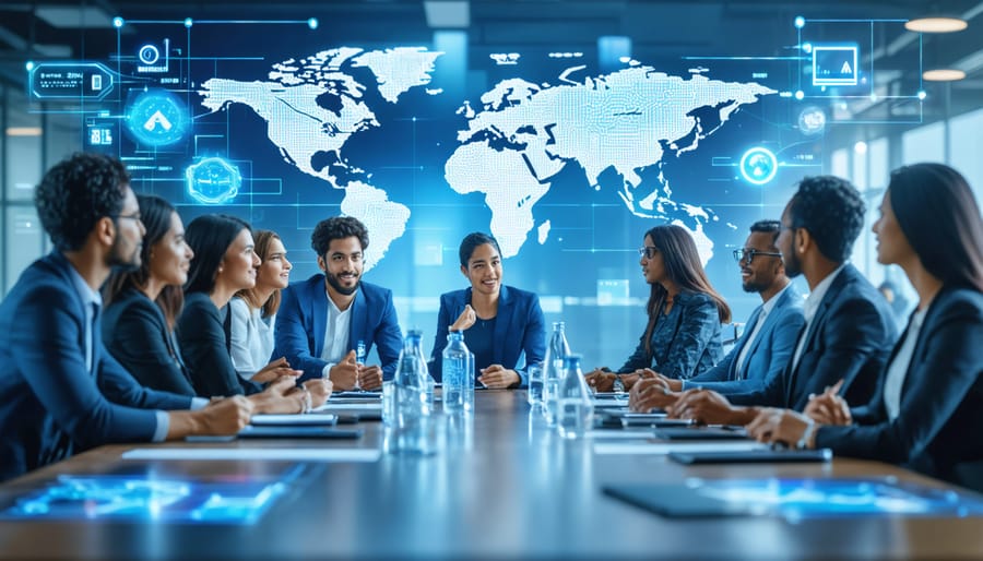 A diverse group of business professionals collaborating at a conference table, with digital overlays of supplier networks and supply chain graphics symbolizing innovation and inclusivity.