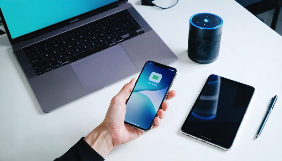 Hand using a smartphone next to a laptop, tablet, and small smart speaker on a clean desk; device screens show text-free interface shapes, soft daylight lighting, and a blurred office background suggesting fast, modern, accessible web design.
