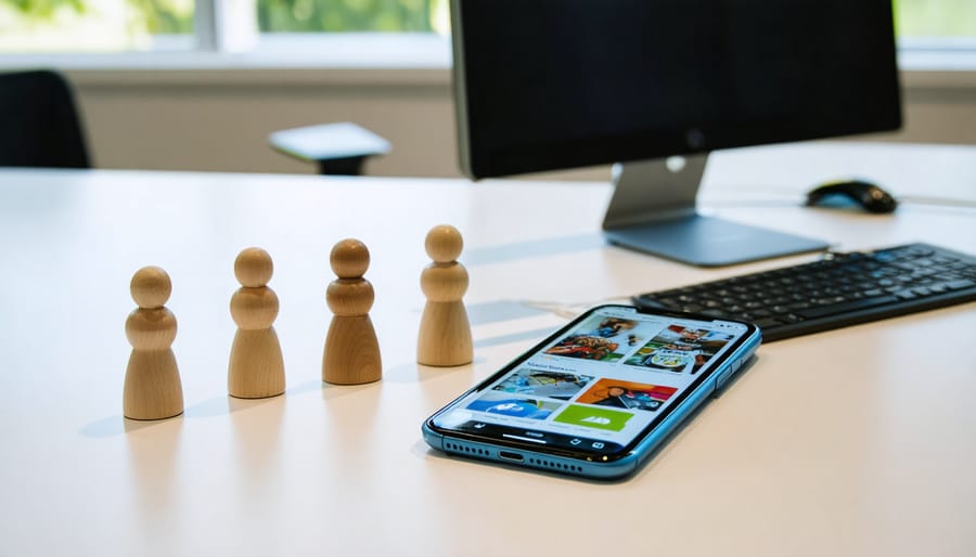 Two parallel rows of wooden figurines on a desk, with a brightly lit smartphone showing colorful ad imagery next to one row, representing ad-exposed versus control groups; blurred modern office background in soft daylight.