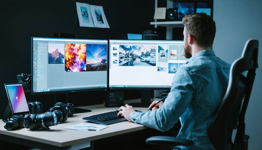 Over-the-shoulder view of a designer at a desk using a graphics tablet and keyboard, with two monitors showing colorful abstract graphics and photos, no readable text, soft studio light and monitor glow, blurred background shelves with camera gear, color swatches, and sticky notes.
