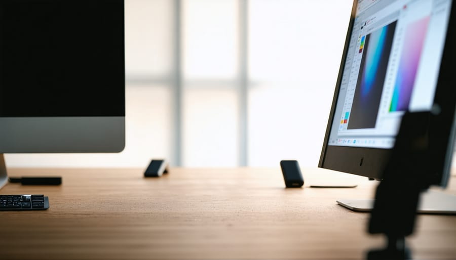 Modern workspace showing multiple monitors with Adobe Creative Cloud applications open