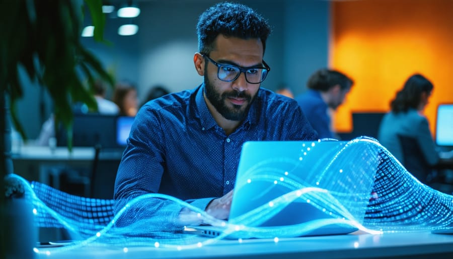 Person at a desk with a laptop while colored light trails converge toward the computer in a modern office, shallow depth of field, symbolizing AI-driven analysis of customer complaints into useful insights.