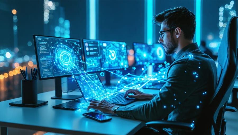 Marketing professional at a desk with laptop, tablet, and smartphone linked by glowing cyan data streams converging into a single bright node, with blurred monitors and city lights in the background, no visible text.