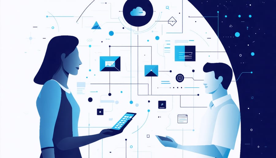 Connected devices showing synchronized data integration across multiple channels