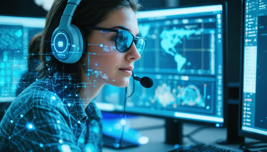 Customer support agent in a headset at a modern desk with translucent network-like holographic overlays symbolizing predictive AI, softly lit by daylight, with a blurred open-plan office and unreadable monitors in the background.