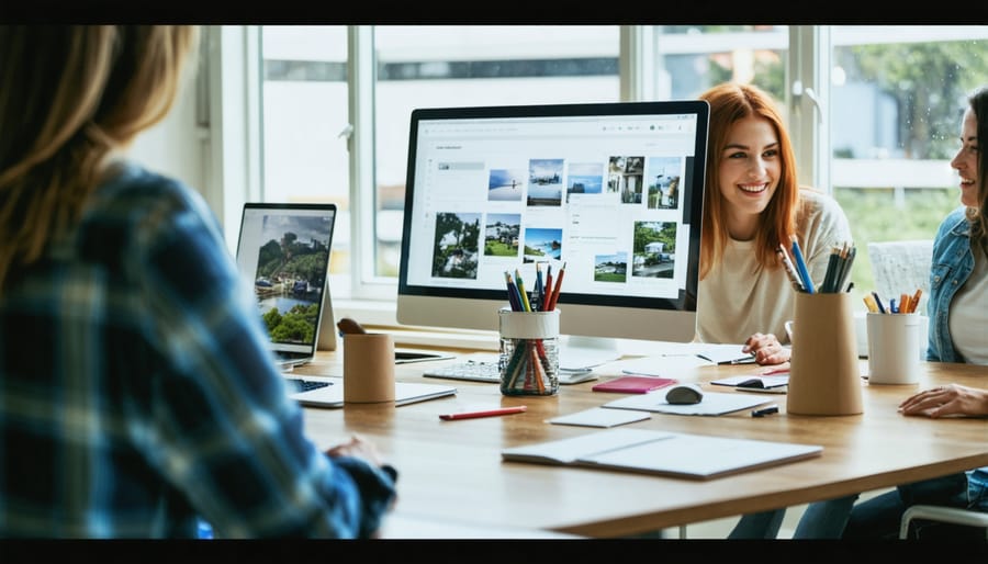 Business professionals reviewing customer behavioral data on laptop