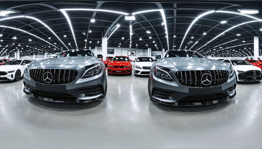 Couple using VR headsets in automotive dealership to view virtual vehicles