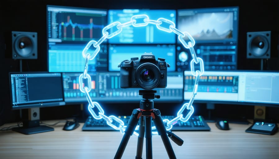 Professional cinema camera on tripod in a modern control room, encircled by a translucent glass chain symbolizing blockchain verification, with a blurred multi-screen wall and mixing console in cool blue lighting.