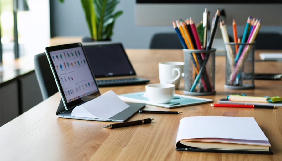 Business owner organizing branding materials and product samples on wooden table