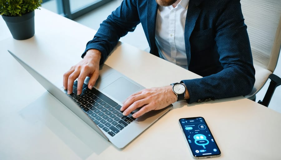 Digital marketing professional at a modern workstation using a laptop and smartphone to interact with a chatbot, soft daylight, with a blurred open-plan office in the background and no readable screen text.