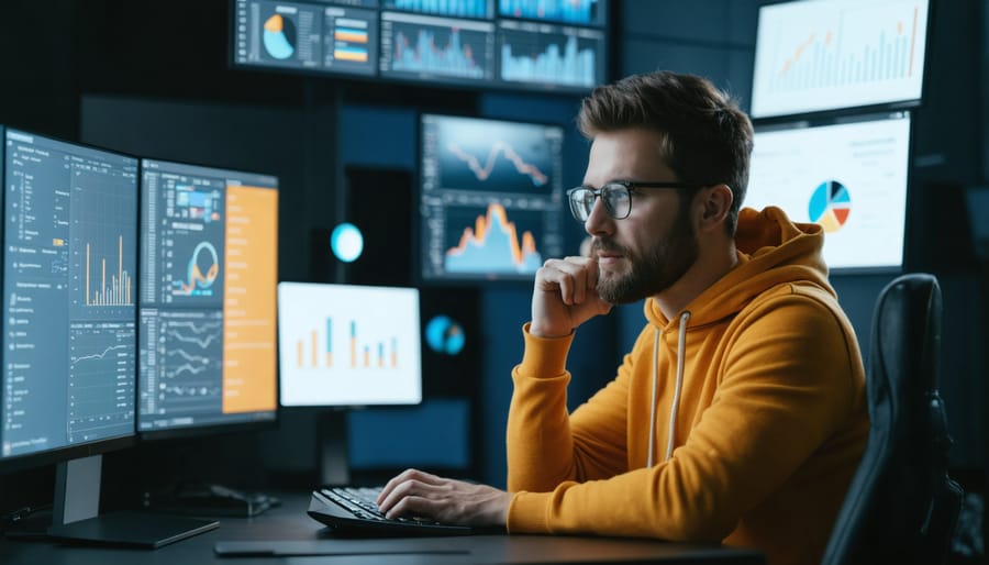 Laptop with analytics and notebook showing research notes on desk