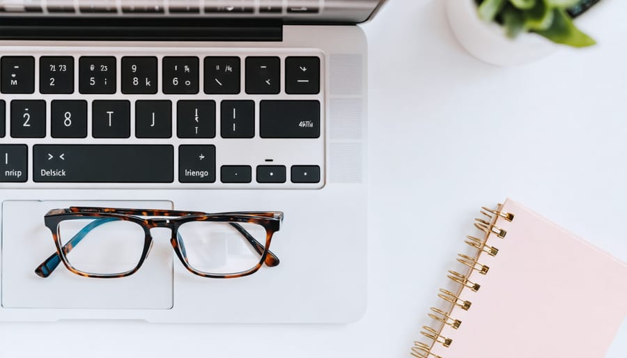 Person reviewing analytics dashboard reflected in eyeglasses