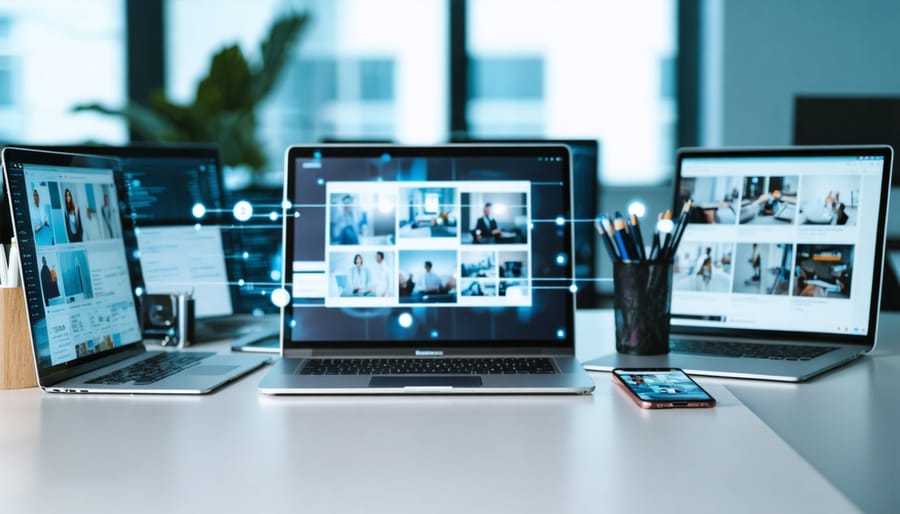 Marketing analyst at a desk with laptop, smartphone, and tablet, screens blurred to suggest social, video, and checkout views, connected by light trails to symbolize cross-platform attribution in a modern office.