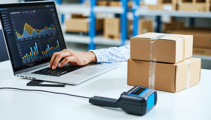 E-commerce data analyst at a modern desk with laptop, shipping boxes, and barcode scanner, in soft natural light with a blurred warehouse packing area behind