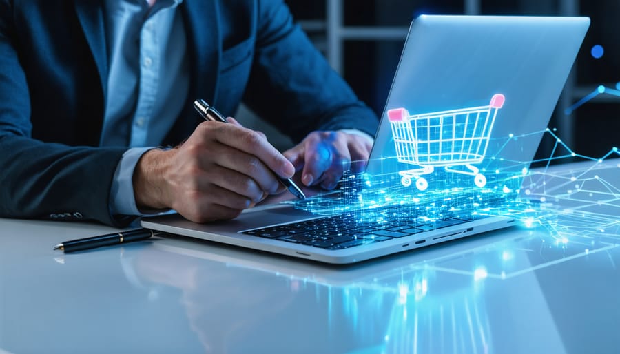 Marketing analyst using a laptop and smartphone with soft light trails flowing from the phone to the laptop and a subtle shopping cart hologram, in a blurred office setting with no visible text.