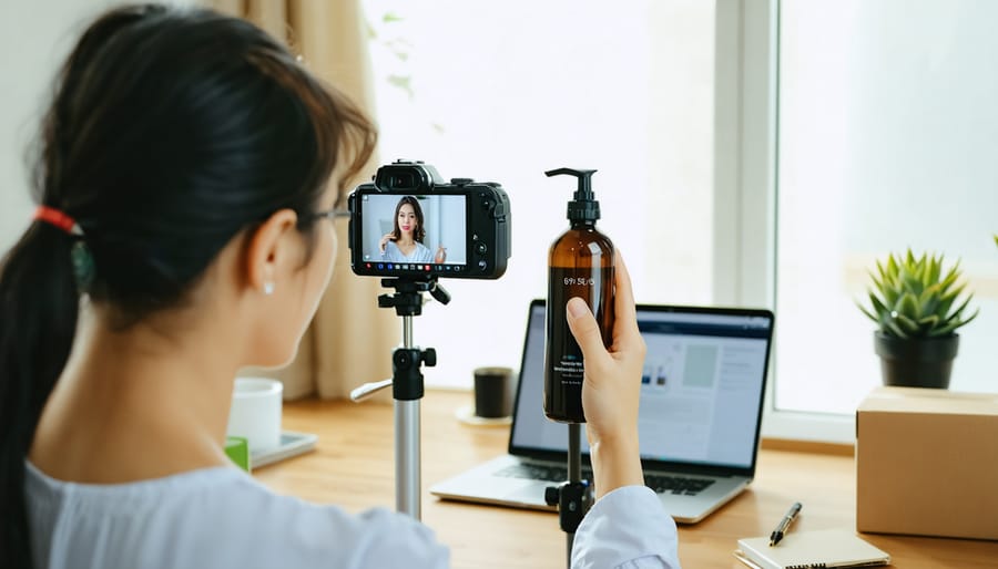 Female micro-influencer holding an unbranded product while recording with a smartphone and ring light in a bright home studio, with a closed laptop, small shipping boxes, and plants softly blurred in the background.