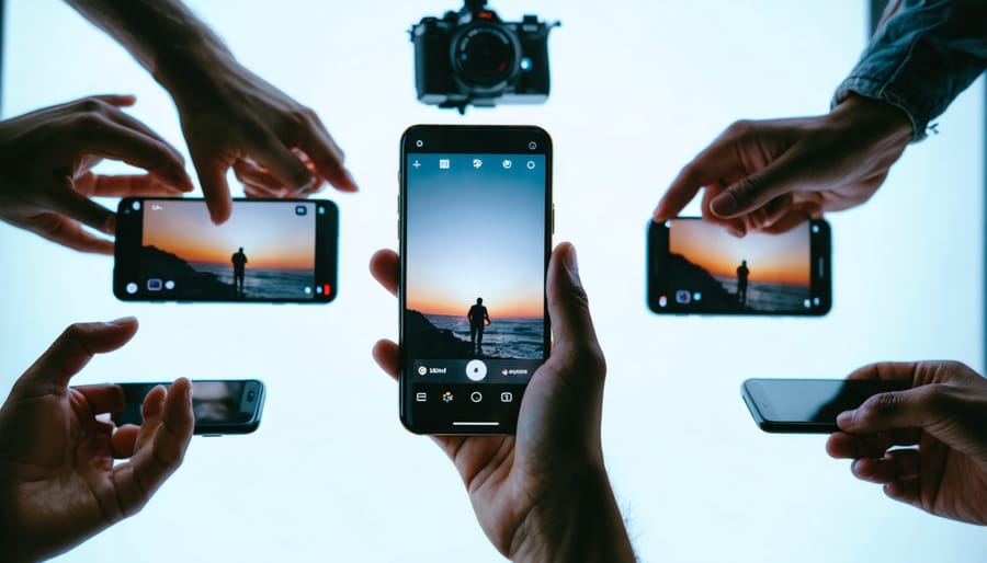 Several hands holding smartphones around a central phone playing a bright video, with ring light and tripod softly blurred in the background, suggesting rapid sharing by multiple users.
